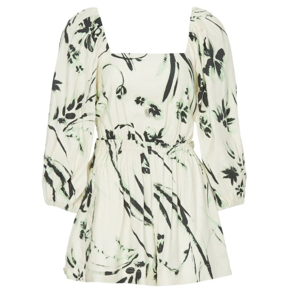 Tanya Taylor White and Black Leaf Print Romper